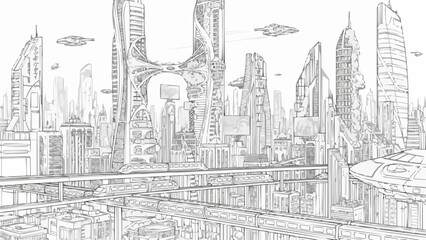 Futuristic Cityscape Drawing with Flying Vehicles.