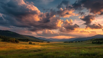 Golden sunset lights up a valley bordered by hills, dramatic clouds above
