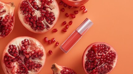 Halved pomegranates & coral lip gloss arranged on a vibrant orange background; seeds scattered artistically; overhead flatlay showcasing juicy fruit & cosmetics
