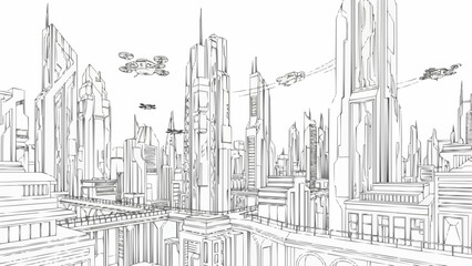 Obraz premium Futuristic Cityscape Drawing with Flying Vehicles.