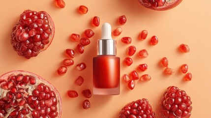 Cosmetic dropper bottle surrounded by pomegranate seeds and halves on an orange background