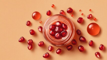 Pomegranate seeds fill a jar surrounded by seeds and droplets on a warm, solid background