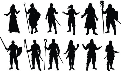 Obraz premium Fantasy character silhouettes, warrior mage rogue, RPG design, battle stances, magical weapons, role‑playing art, medieval illustration, adventure template, dark outline