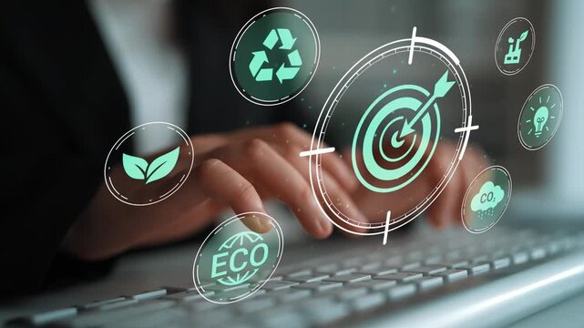 Business professional working on a keyboard with various eco-friendly symbols floating above, illustrating sustainability and digital innovation concepts Gluon.