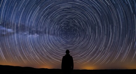 Silhouette of person observing celestial rotation patterns above a dark horizon