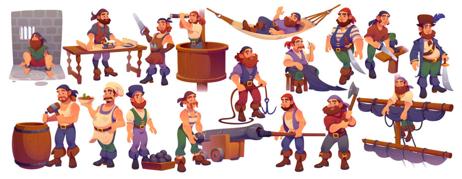 Cartoon pirate characters, corsair ship crew members set. Funny captain, sailor, gunner and skipper pirates vector personages. Happy boatswain, lookout, doctor, carpenter and cook corsairs characters
