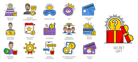 Exclusive benefit icons, gift and reward, prize and offer, loyalty and coupons vector line symbols. Customer loyalty bonus program, VIP card and discount voucher, exclusive premium membership benefits