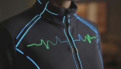 Closeup of woman wearing futuristic black jacket with glowing blue piping and green heartbeat design, modern tech fashion, studio shot.