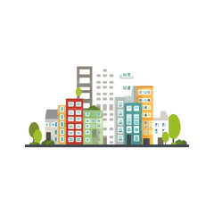 Colorful Cityscape Flat Buildings with Green Trees and Windows