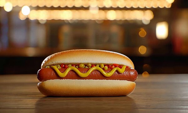 Mouthwatering Hot Dog with Mustard and Relish Served on a Bar Counter at Night.