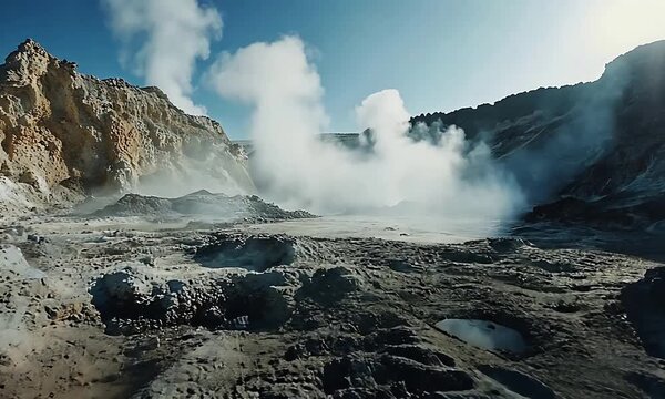 Powerful Steam Vents Erupting in a Volcanic Geothermal Field Under a Bright Blue Sky.