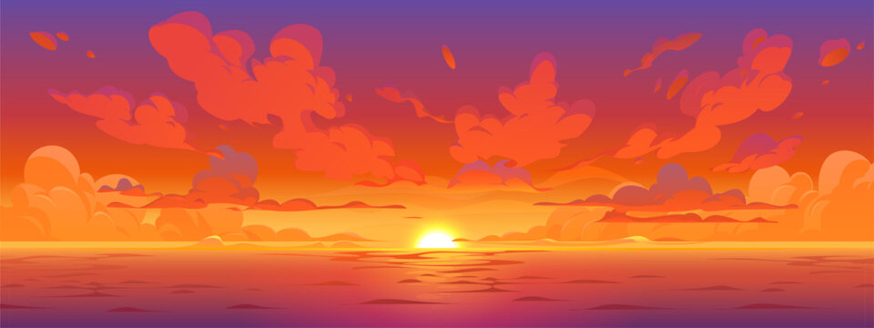 Cartoon anime sunset sky background with glowing orange and pink clouds above the calm ocean horizon. Dramatic manga sunset with vivid orange cloud. Vector beautiful nature landscape, vivid cloudscape