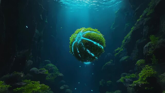 An orb-shaped marine plant floats and rotates slowly in dark water. Its internal light pulses while flickering algae illuminate the surrounding cavern walls