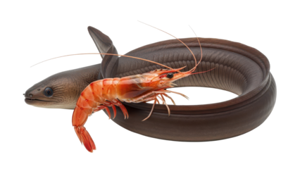 Curled Raw Eel and Cooked Red Shrimp Product Shot isolated PNG with Transparent Background