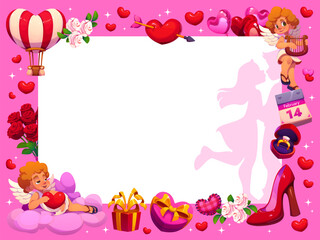 Naklejka premium Valentines Day greeting card with loving couple silhouette and vector background frame of cartoon love hearts and romantic gifts. Cute Cupids characters, roses and balloons, Valentine greeting card