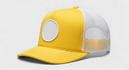 Yellow and White Trucker Hat with Blank Patch for Customization.