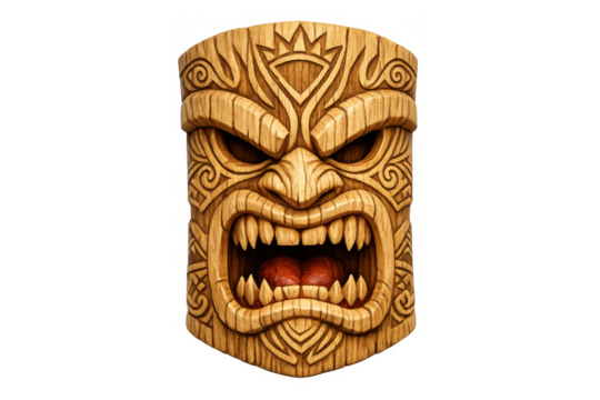 Carved wooden tiki mask with aggressive expression, tribal polynesian art representing ancient spirit, transparent background - Powered by Adobe