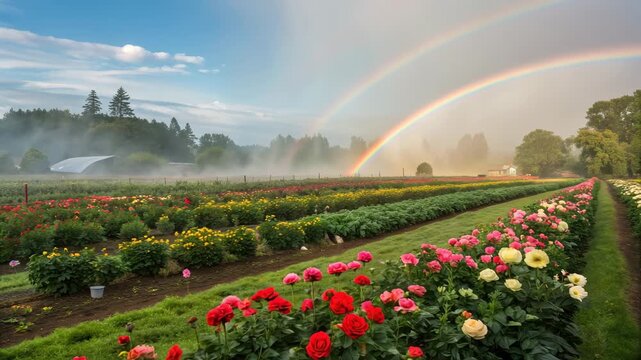Vibrant flower farm with rows of colorful blooms stretching towards a double rainbow in a misty morning landscape.