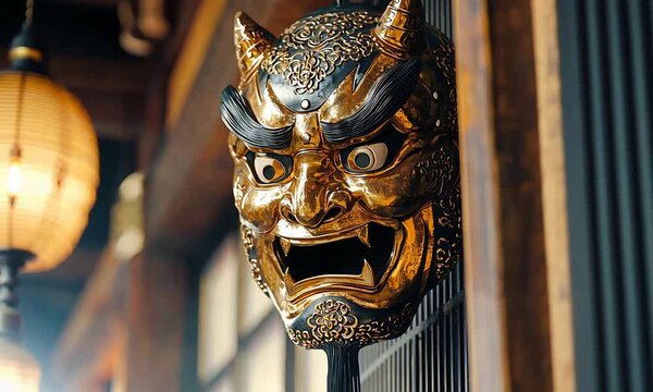 Ornate Golden Japanese Oni Demon Mask Hanging in a Traditional Ancient Temple Building.