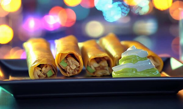 Appetizing Golden Spring Rolls Served with Green Sauce Against Blurry Night Lights.