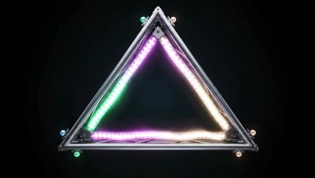 A neon equilateral triangle frame glows with multicolored lights against a dark background, centered