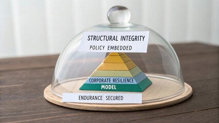 Conceptual pyramid model under glass dome showcasing principles of organizational resilience and structural integrity