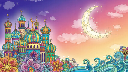 Fototapeta premium St Basil's Cathedral at Night with Crescent Moon and Vibrant Floral Sky Illustration