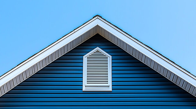 Close up of a blue vinyl siding gable end with a white vent.