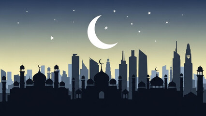 Islamic City Skyline Silhouette with Crescent Moon and Stars at Night
