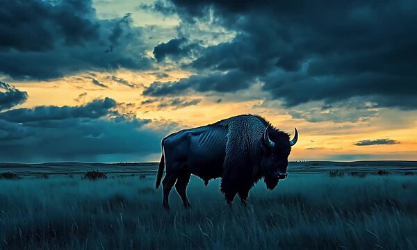 Powerful American Bison Stands Silhouetted Against a Vibrant Dusk Sky in Wild Plains.
