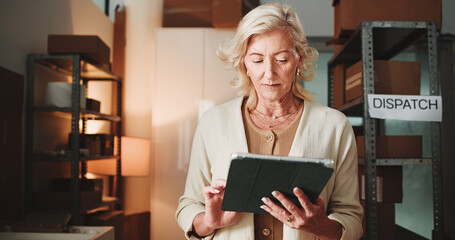 Distribution, startup and woman with tablet, scroll and order review on web, ecommerce and logistics. Browsing, online and mature person with tech for stock inventory, delivery and shipping updates