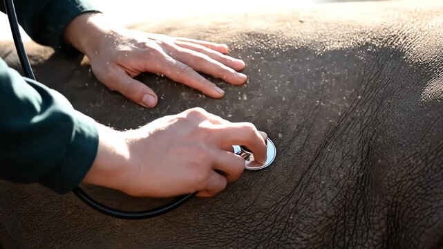 A wildlife veterinarian uses a stethoscope to conduct a medical checkup on an elephant, listening to its internal sounds against its textured skin