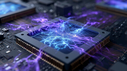 dense neural web with glowing electric blue and violet neon filaments connecting microchips on a dark PCB,