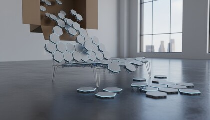 Unpacking Hexagonal tiles cascade from cardboard box. Digital art. Modern design, architecture context, with cityscape background through window.