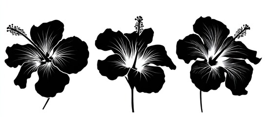 Black and white illustrations of hibiscus flowers. Three detailed hibiscus blooms isolated on white background