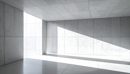 Modern, minimalist, concrete interior space bathed in natural light. Clean lines, open layout, minimalist design