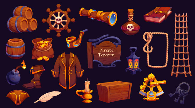 Cartoon pirate icons of treasure chest, ship captain hat, rum bottle and wheel with skull, vector game UI assets. Caribbean Sea corsair and pirate gold coins bag, spyglass and rope cartoon icons