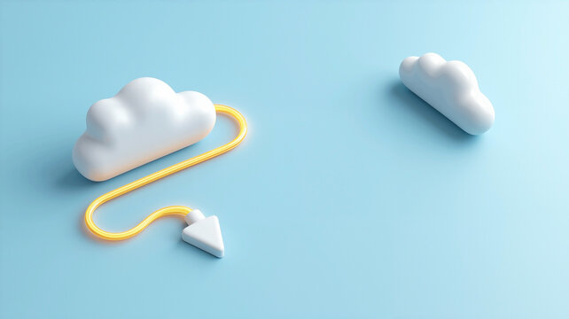 white 3D cloud and arrow icons linked by a yellow neon crayon line on blue pastel background - Powered by Adobe