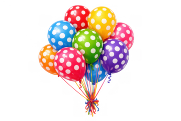 Colorful polka dot balloons floating with string, symbolizing birthday, celebration, and party joy