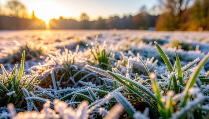 Frosty blades glisten in golden morning light; nature's beauty, early morning frost; atmospheric, landscape, chilly, serene, tranquil. Winter landscape.