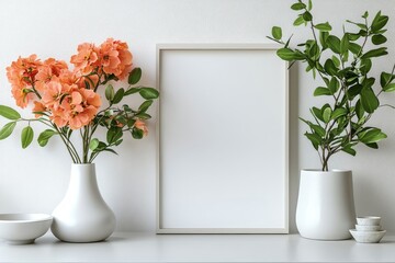 White home kitchen interior with a shelf and dining room, mockup frame ideal for design applications, Generative AI