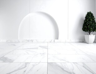 Modern, minimalist interior. Marble flooring reflects light. A geometric wall feature and potted greenery add subtle accents