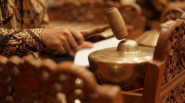 Musician Hand Playing Traditional Indonesian Gamelan Bonang Instrument