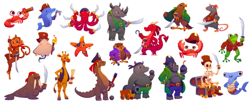 Cartoon animal pirate captain and corsair sailor characters set. Vector funny comic sea bandit crew with swords, hooks, eyepatches and pirate hats, emphasizing adventure, fantasy and swashbuckling fun
