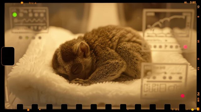 A monitored night monkey sleeps in a lab, viewed through a vintage film overlay with a futuristic HUD interface