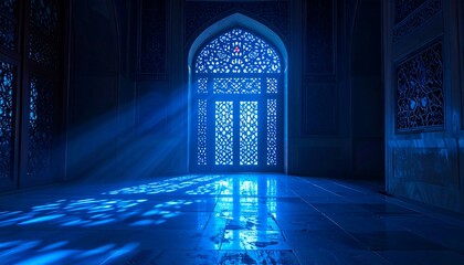 Intricate Blue Light Patterns in a Grand Architectural Space.
