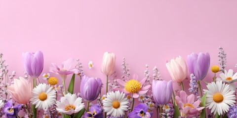A vibrant array of spring flowers, including tulips and daisies, against a pink backdrop