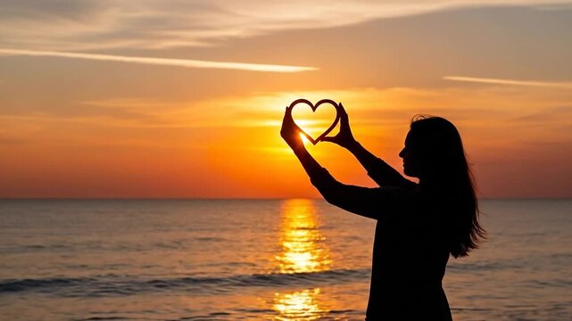 Woman holding heart outline against golden sunset, conceptual love, Valentine's Day.