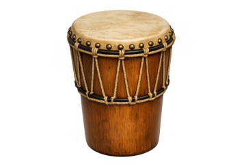 Wooden bongo drum with natural hide top, featuring rope tensioning and metal studs, on a transparent background for musical themes