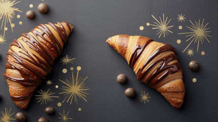 3D croissant with glossy dark chocolate drizzle and gold metallic star doodles on dark charcoal background